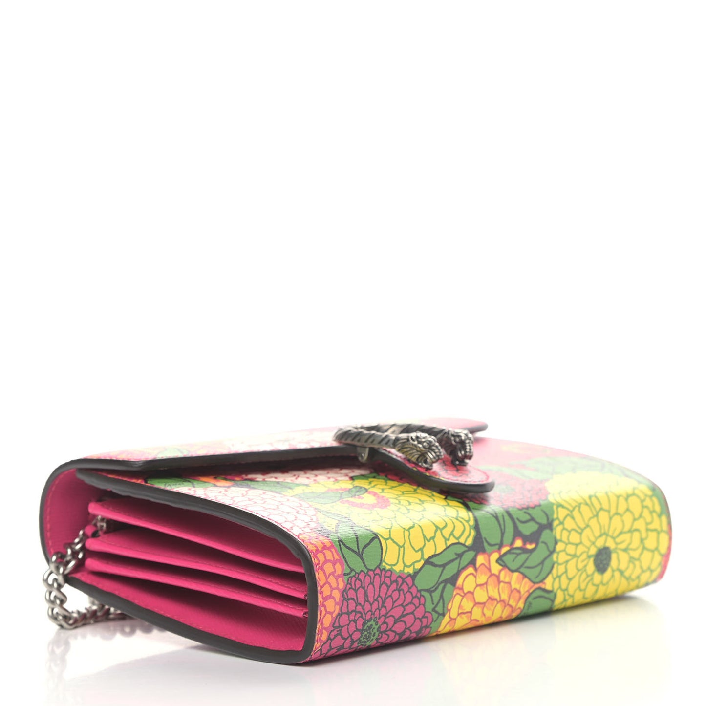 X KEN SCOTT Textured Calfskin Pomponica Print Mini Dionysus Chain Wallet Multicolor Fuxia Pompon