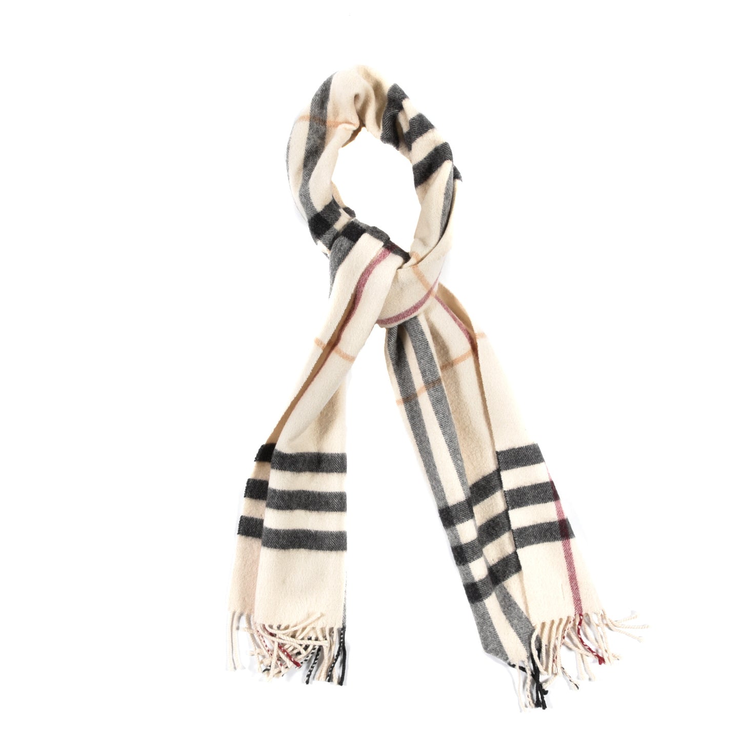 Cashmere Giant Check Fringe Scarf Ivory