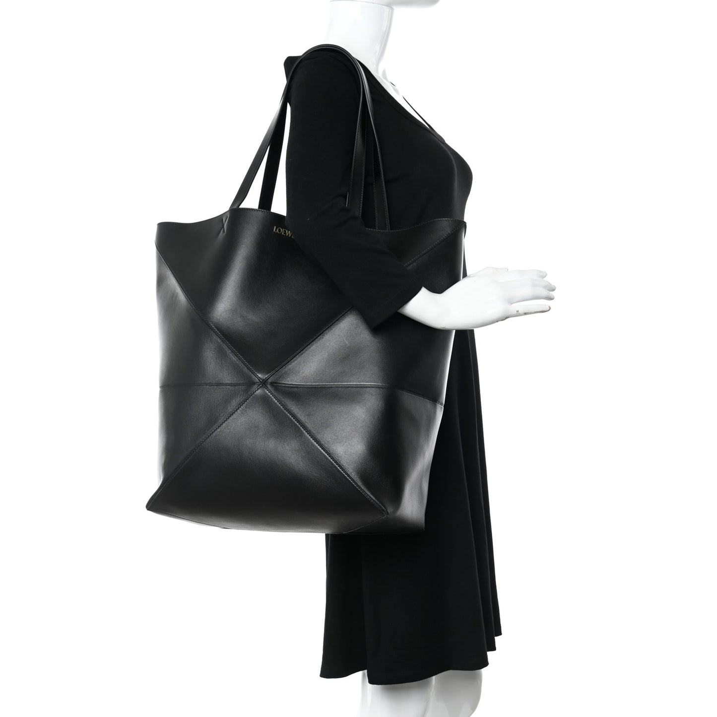 Shiny Calfskin Large Puzzle Fold Tote Black
