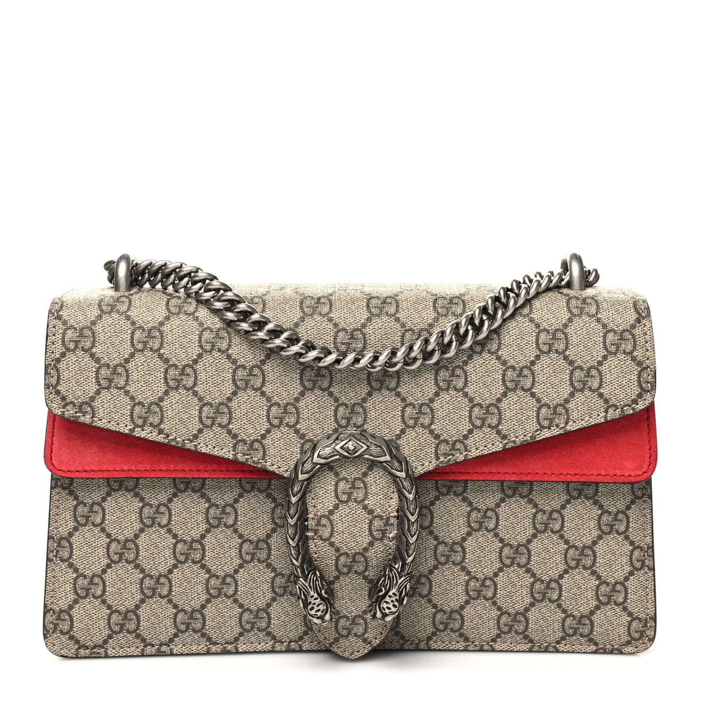 GG Supreme Monogram Suede Small Dionysus Shoulder Bag Beige Ebony Vulcanic Red