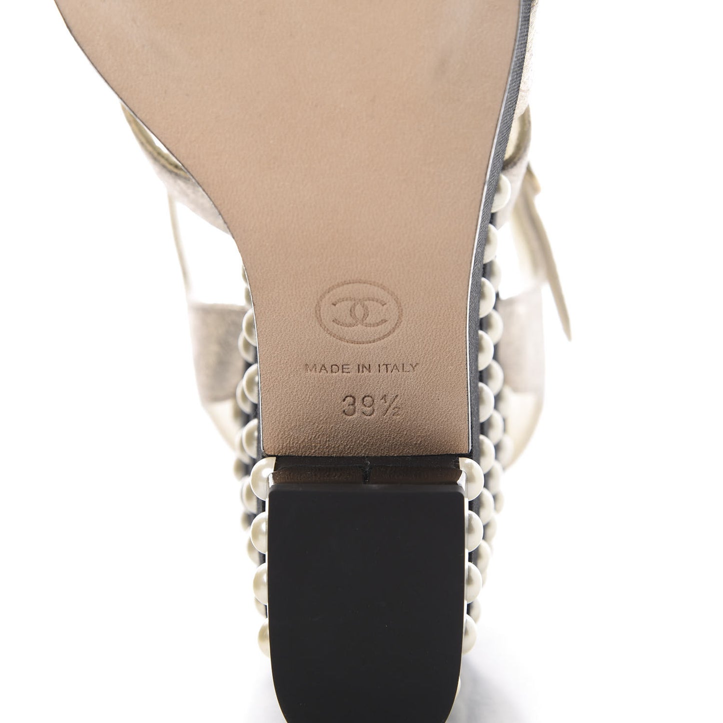 Metallic Crumpled Calfskin Grosgrain Pearl Wedge Sandals 39.5 Black Silver