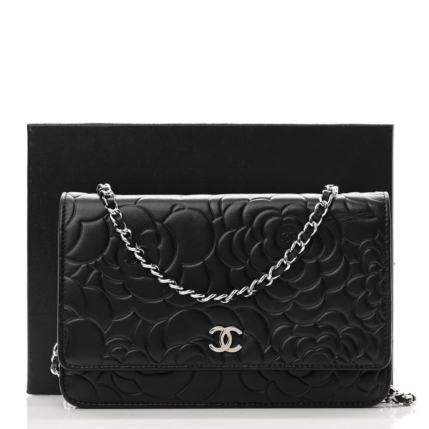 Lambskin Camellia Embossed Wallet on Chain WOC Black