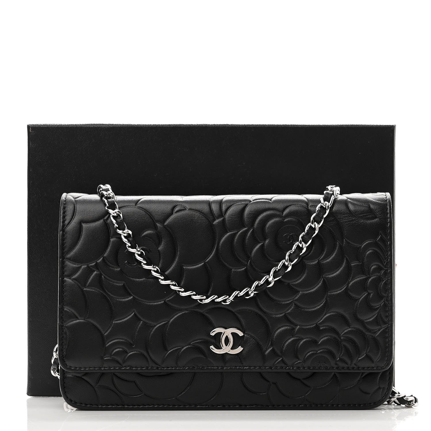 Chanel Lambskin Camellia Embossed Wallet on Chain WOC Black 12 of 12