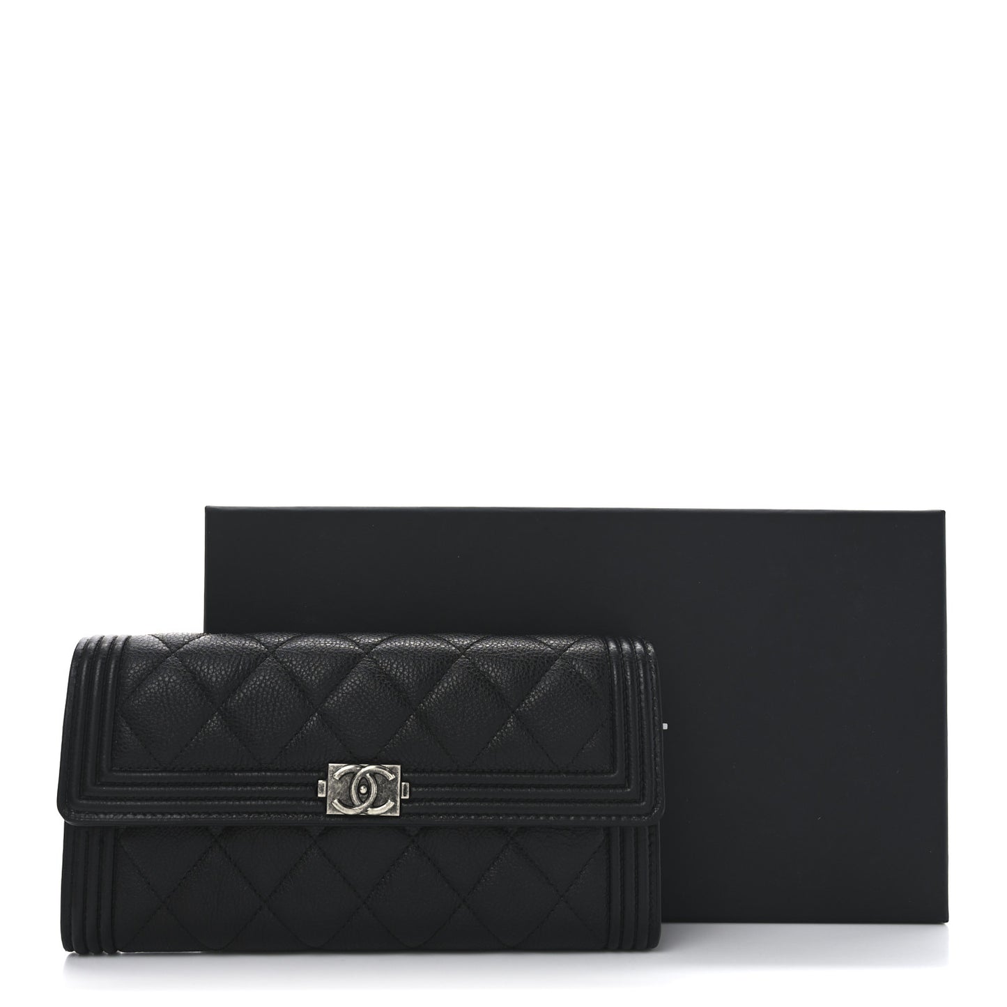 Caviar Quilted Large Boy Gusset Flap Wallet Black