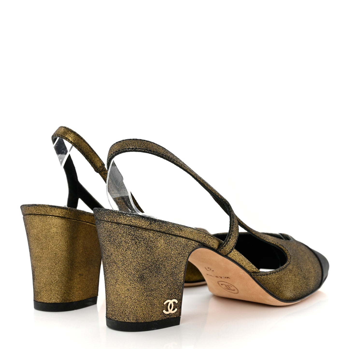 Metallic Lambskin Grosgrain Cap Toe CC Slingback Pumps 37 Gold Black