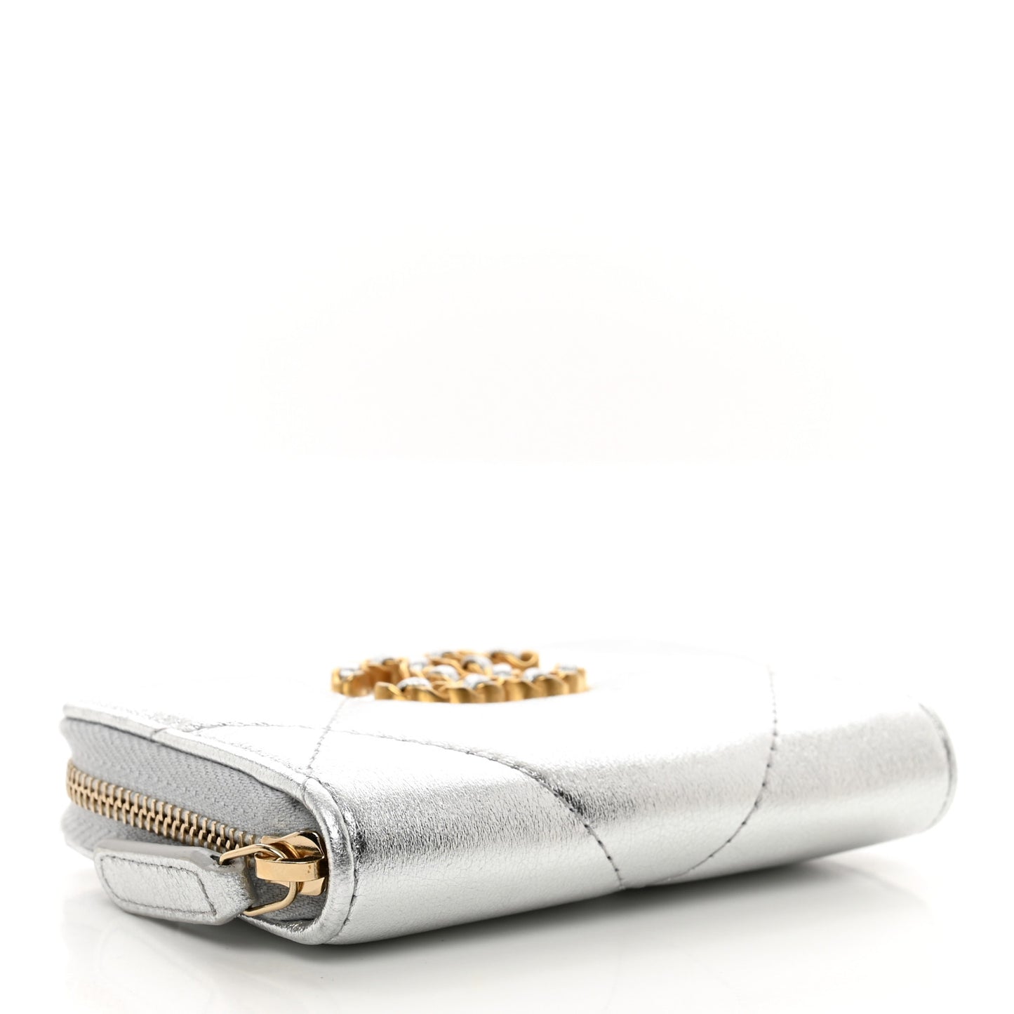 Metallic Lambskin Quilted Chanel 19 Zip Around Coin Purse Wallet Silver