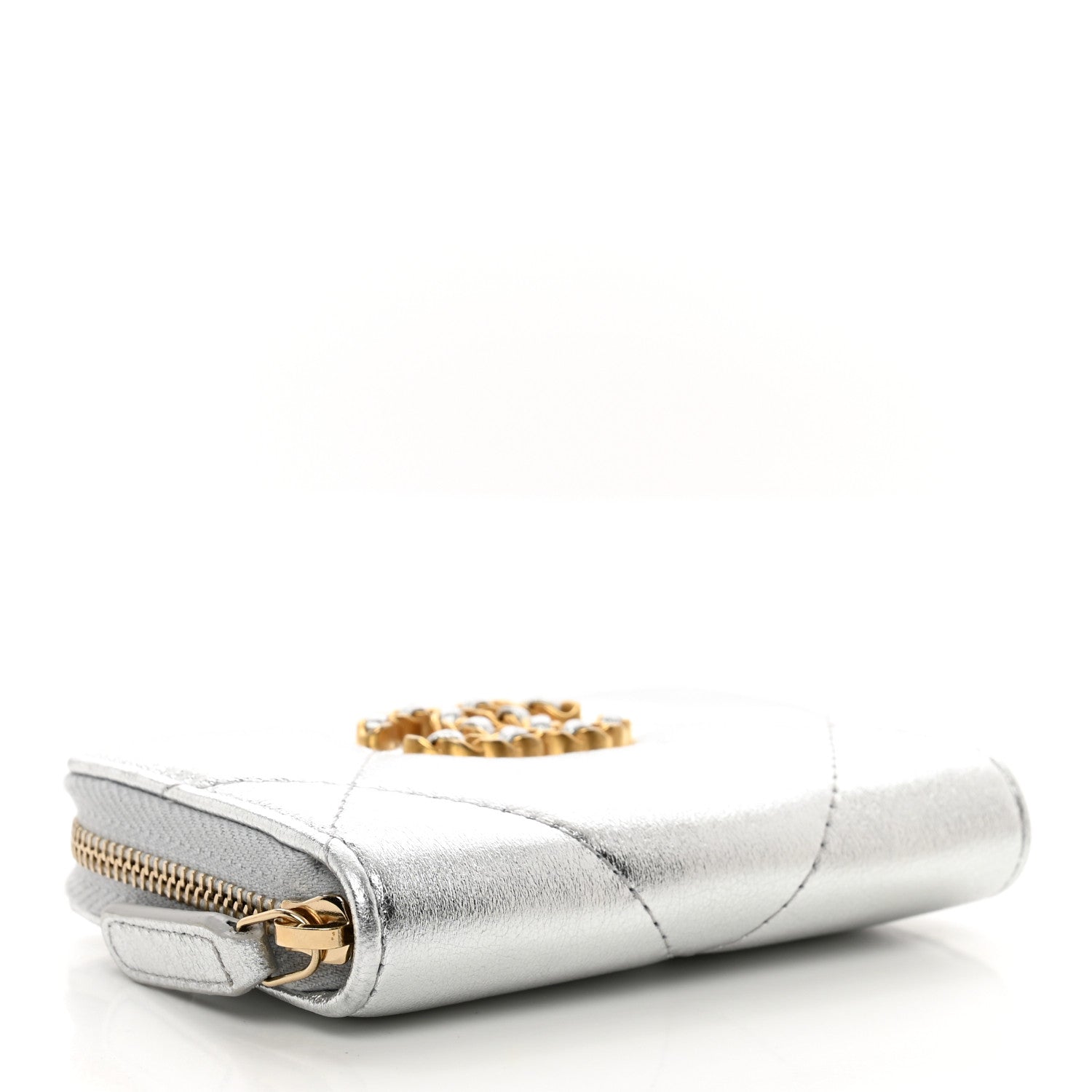 Chanel Metallic Lambskin Quilted Chanel 19 Zip Around Coin Purse Wallet Silver 4 of 8