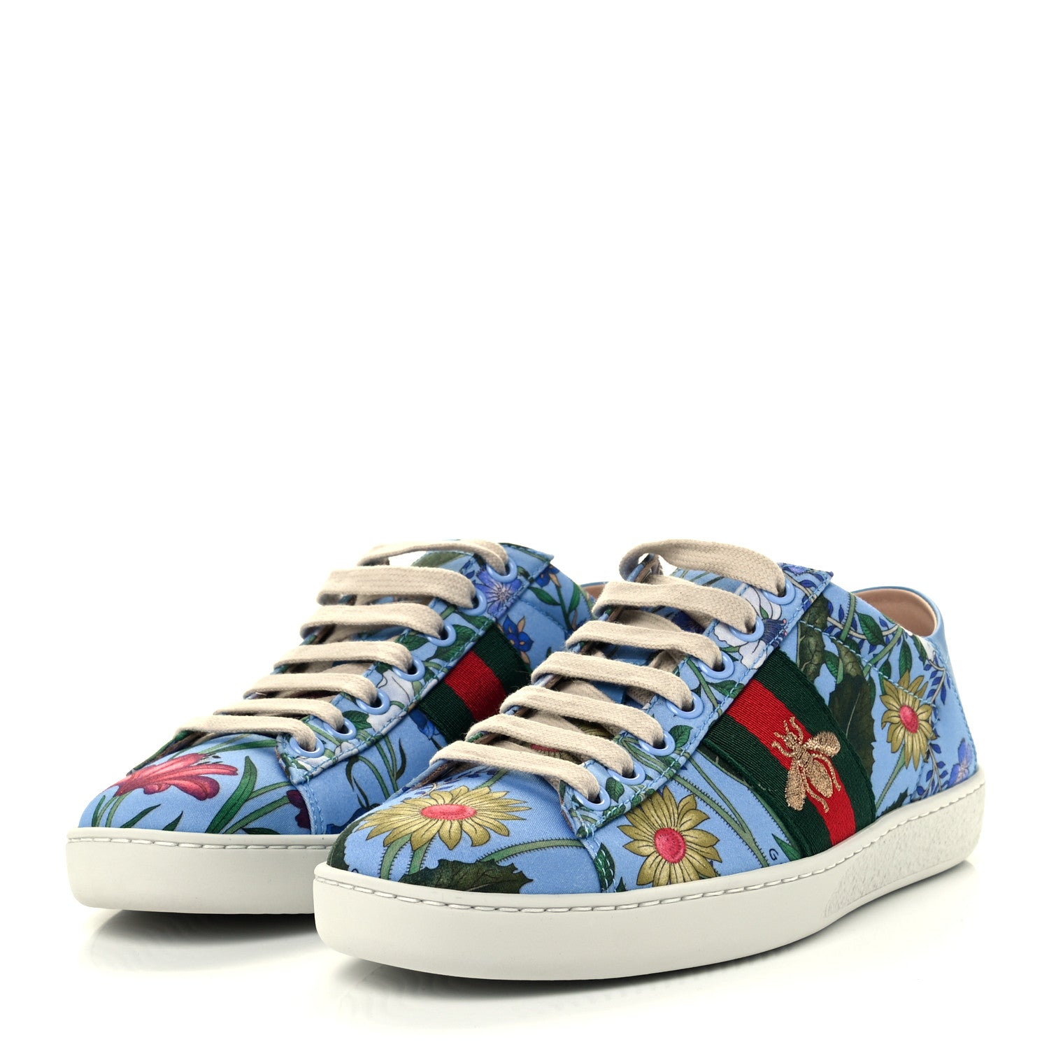 Gucci Calfskin Web New Flora Print Womens Ace New Sneakers 35 Azure 2 of 12