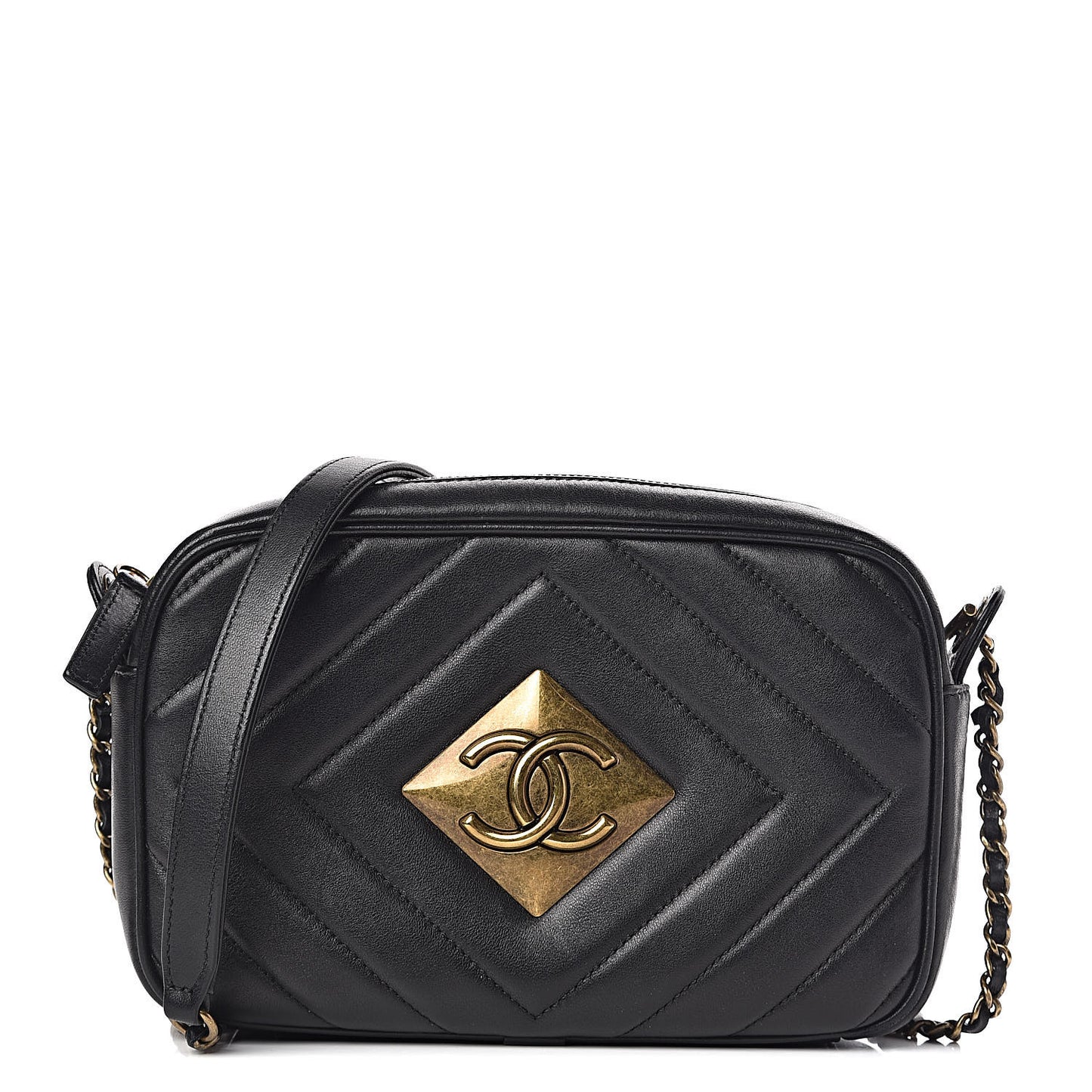 Lambskin Chevron Quilted Pyramid CC Camera Case Black