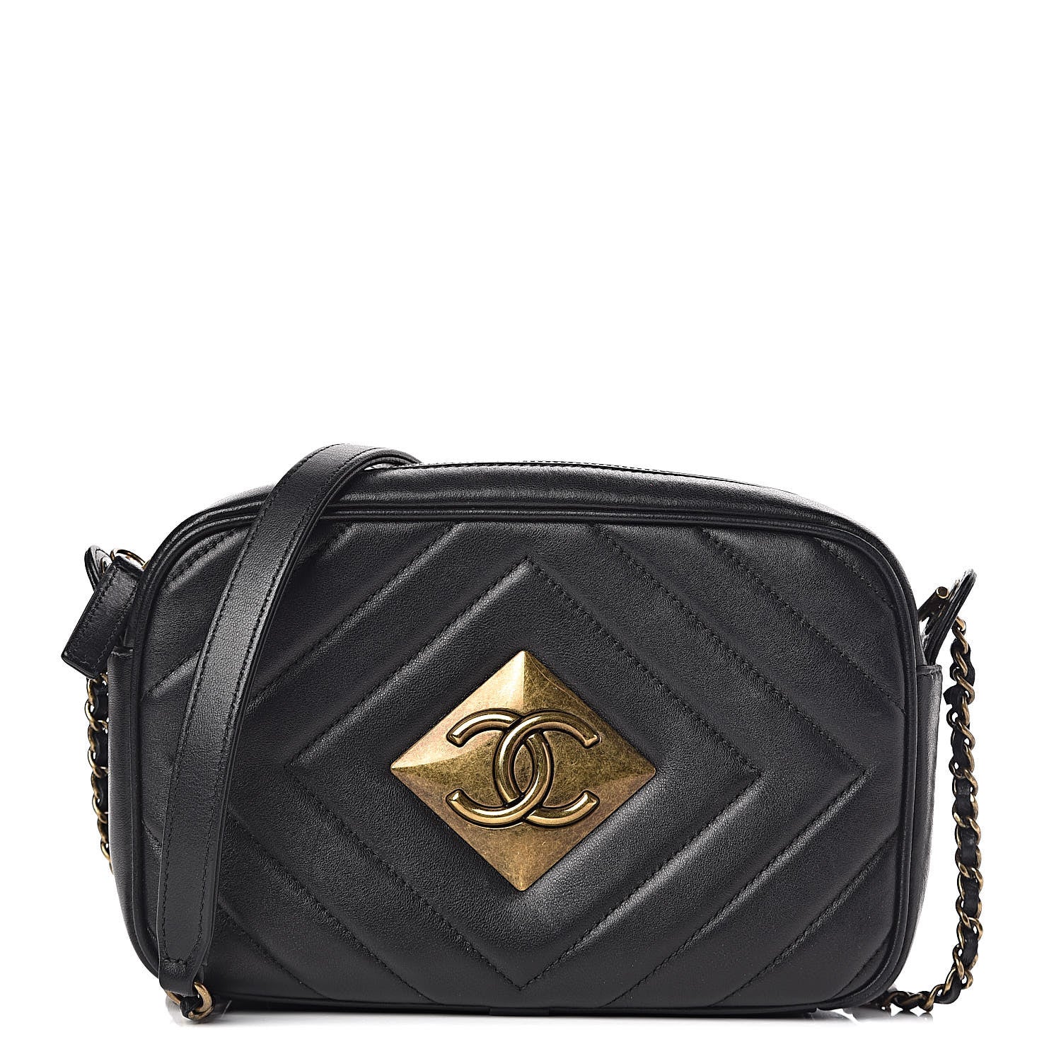Chanel Lambskin Chevron Quilted Pyramid CC Camera Case Black 1 of 15