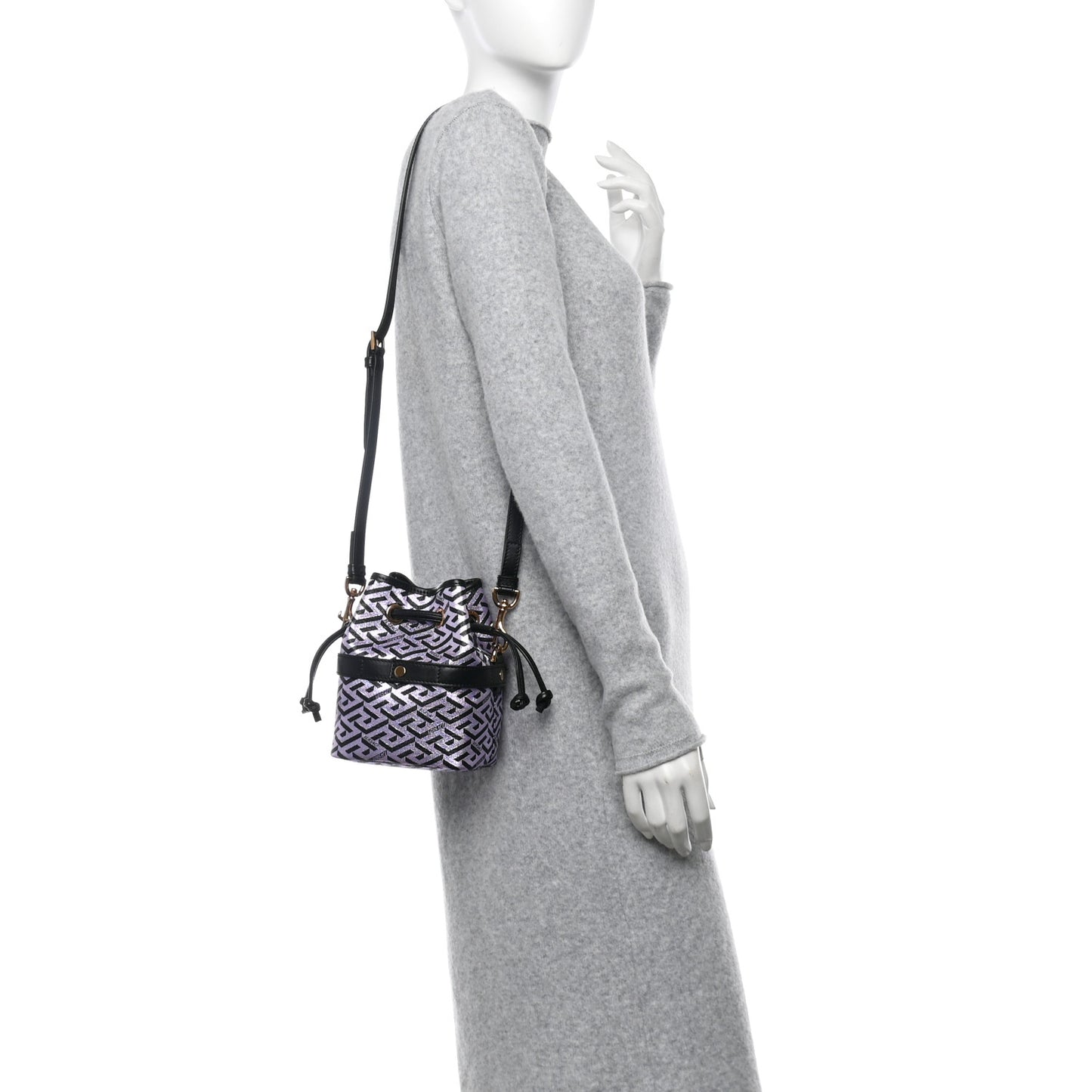 Coated Canvas La Greca Glitter Print Mini Bucket Bag Orchid Black