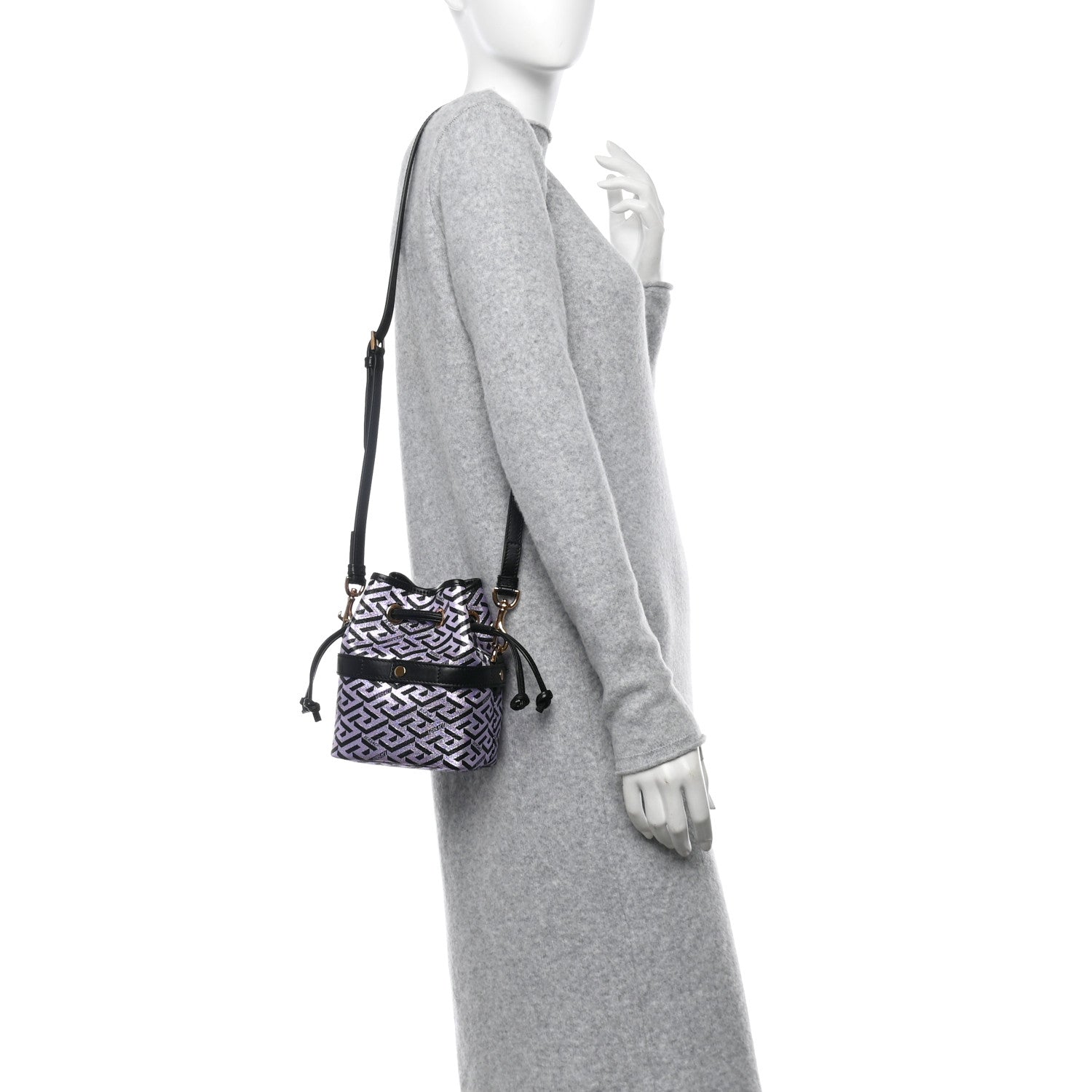 Versace Coated Canvas La Greca Glitter Print Mini Bucket Bag Orchid Black 2 of 9