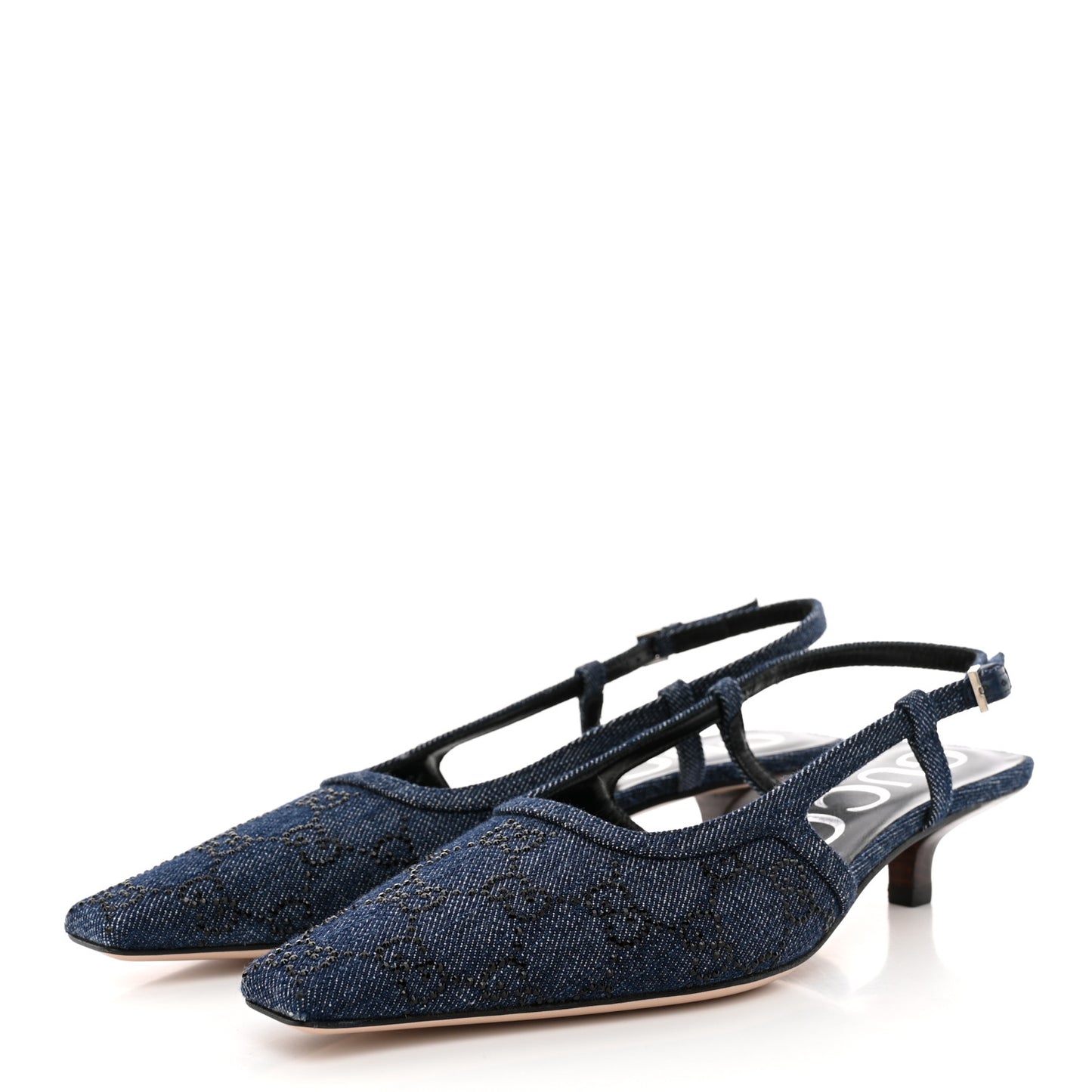 Denim GG Monogram Malaga Kid Crystal Square G 35mm Slingback Pumps 37 Blue