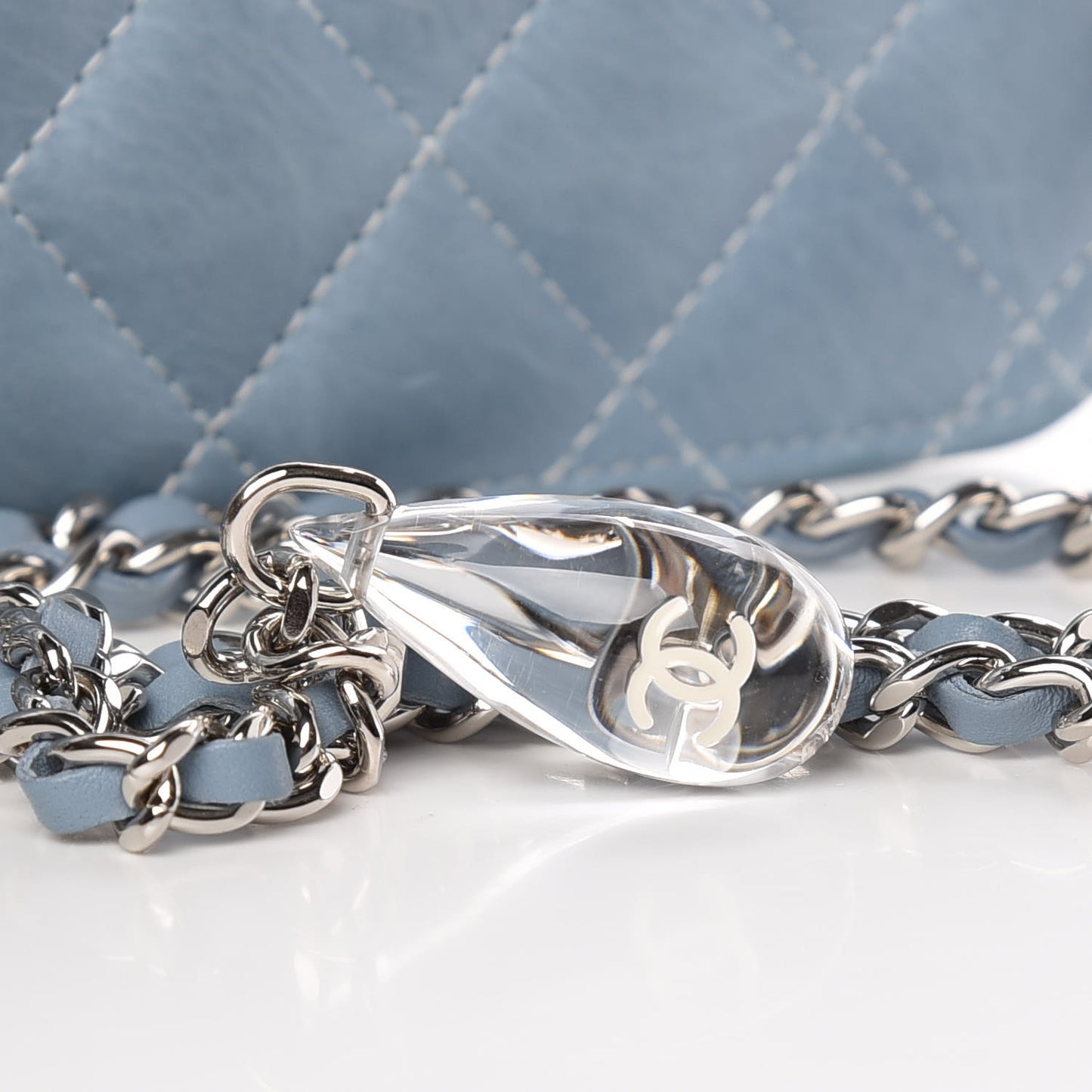 Faded Patent Calfskin Quilted Wallet on Chain Blue