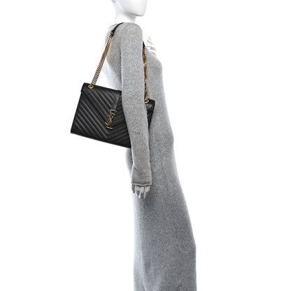 Saint Laurent Grain De Poudre Matelasse Chevron Large Monogram Satchel Black 2 of 10