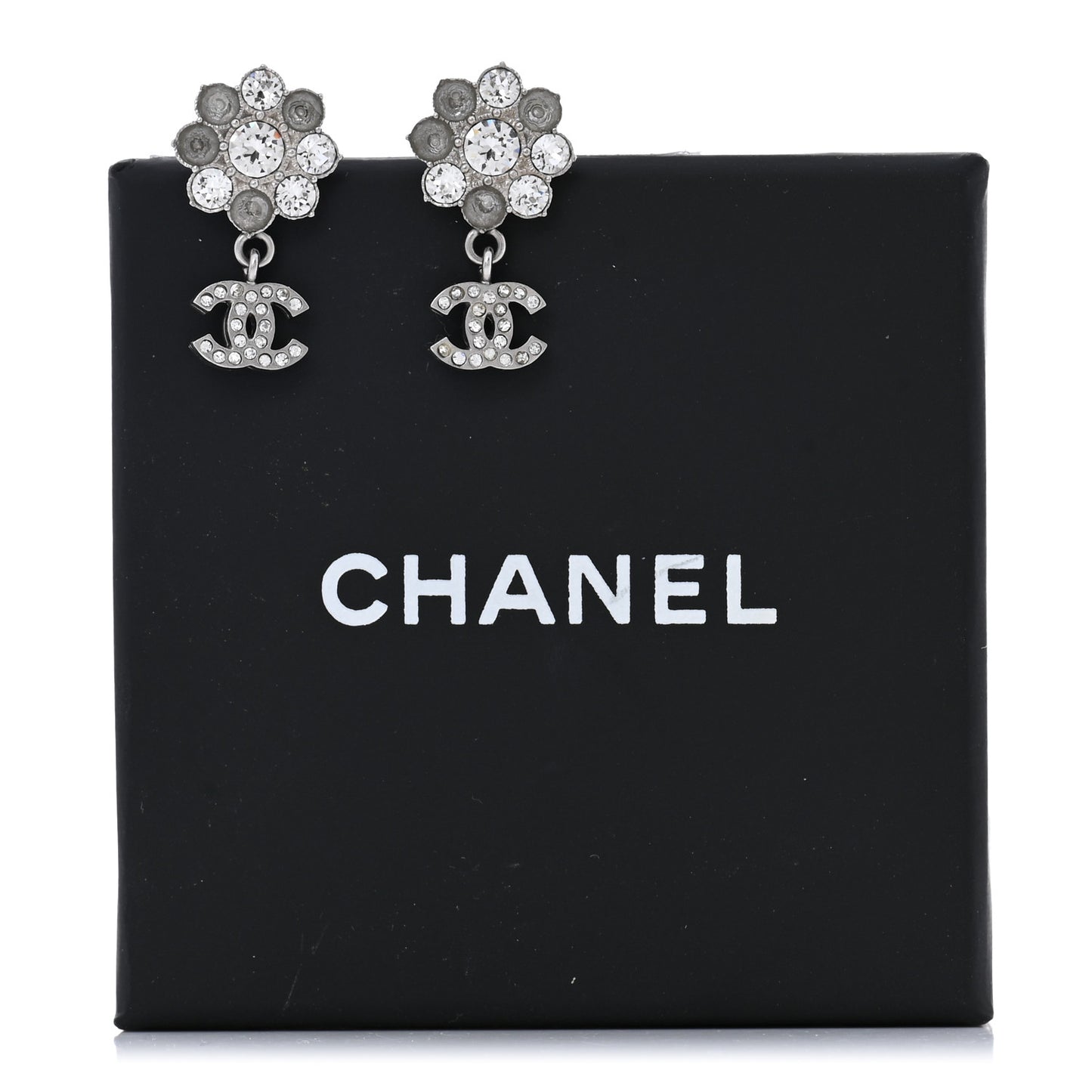Crystal CC Flower Dangle Earrings Silver Light Grey