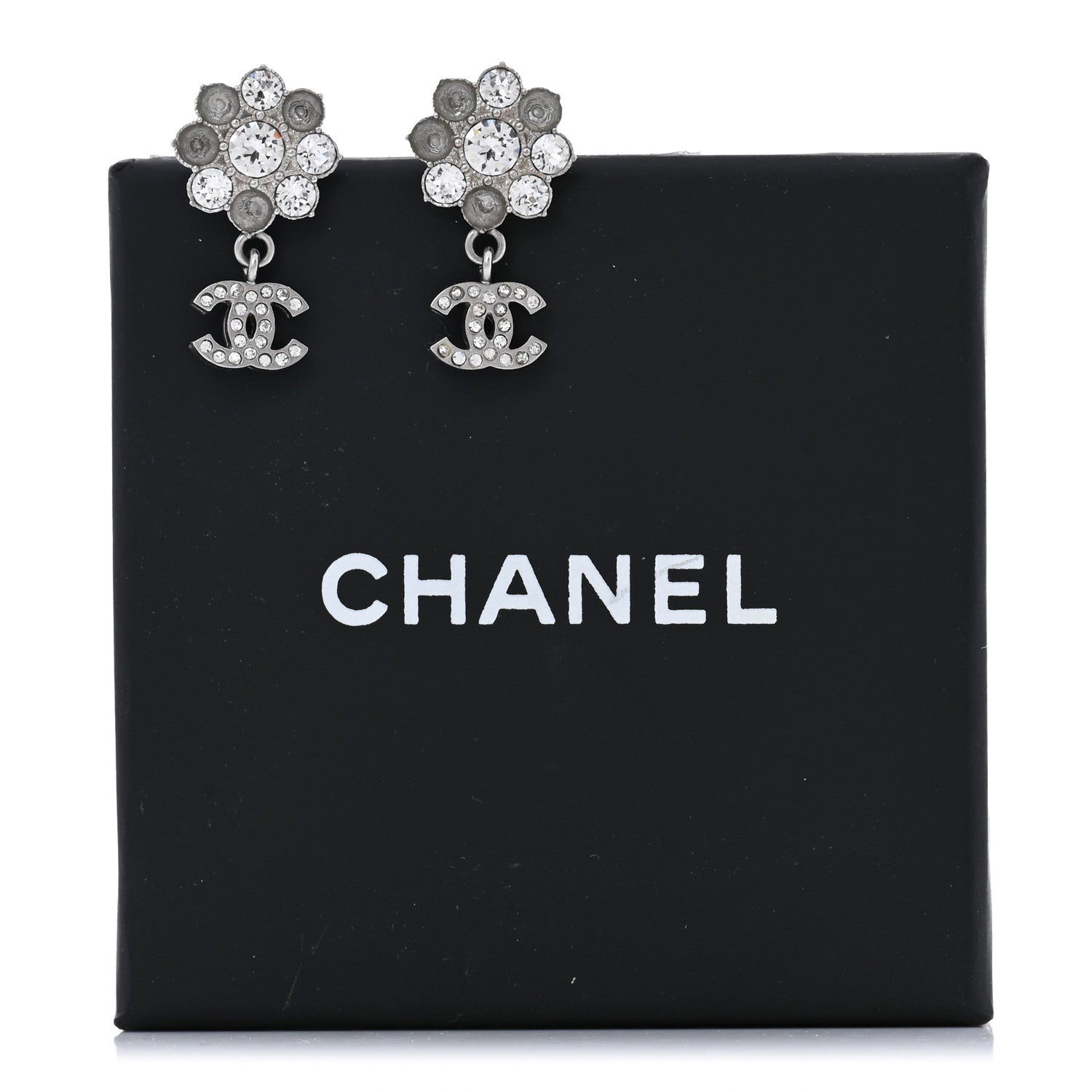 Chanel Crystal CC Flower Dangle Earrings Silver Light Grey 6 of 6