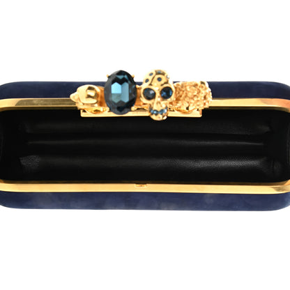 Alexander McQueen Suede Studded Skull Knuckle Box Clutch Navy 5 of 14
