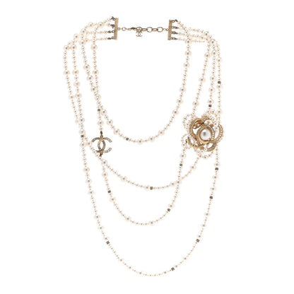 Chanel Pearl Crystal CC Camellia Multi Strand Necklace Gold White 3 of 6