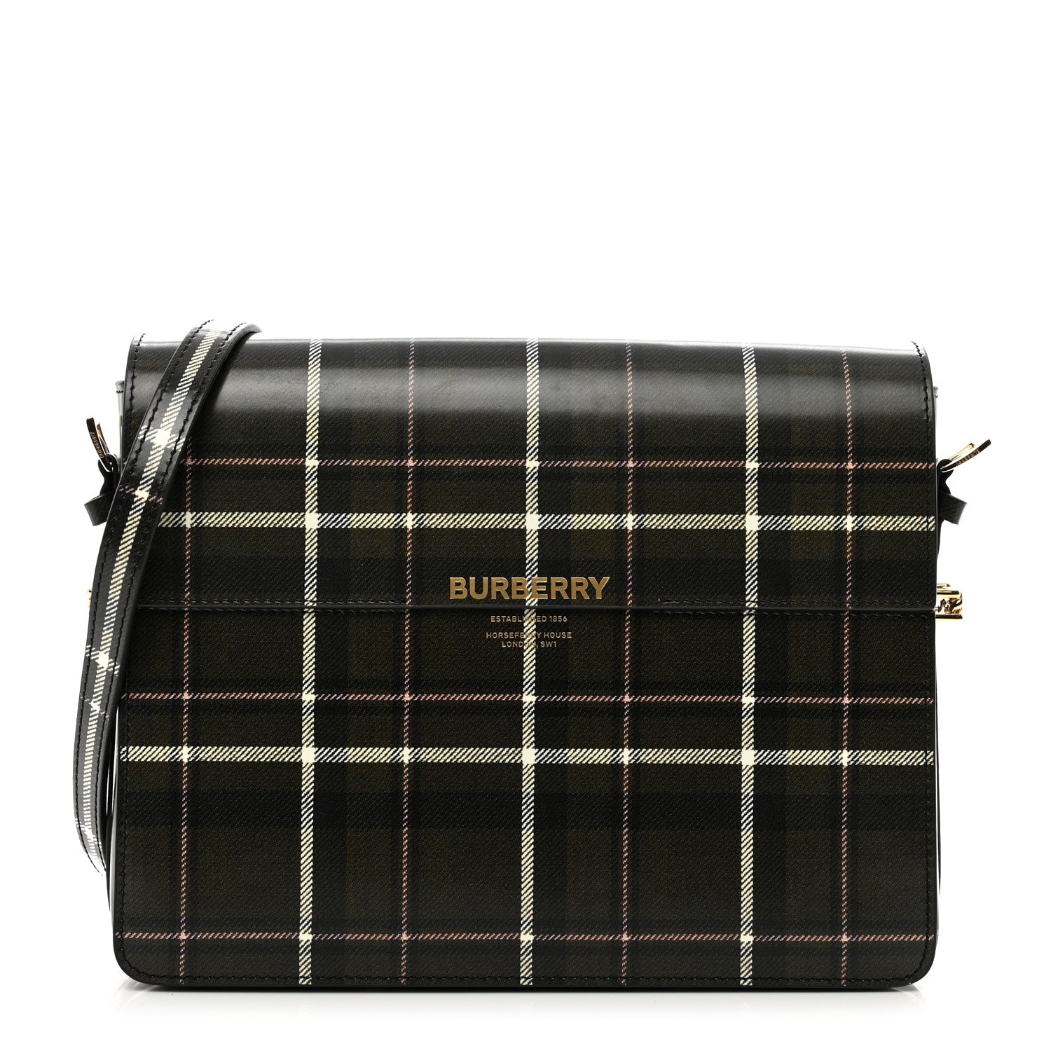 Burberry Calfskin Tartan Print Large Grace Bag Dark Green 1 of 10