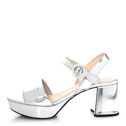 Prada Vitello Metallic Calfskin Platform Sandals 37.5 Argento 1 of 9