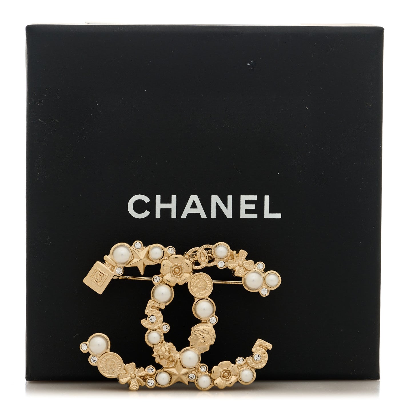 Pearl Crystal CC Flower Brooch White Nacre Gold
