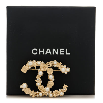 Chanel Pearl Crystal CC Flower Brooch White Nacre Gold 5 of 5
