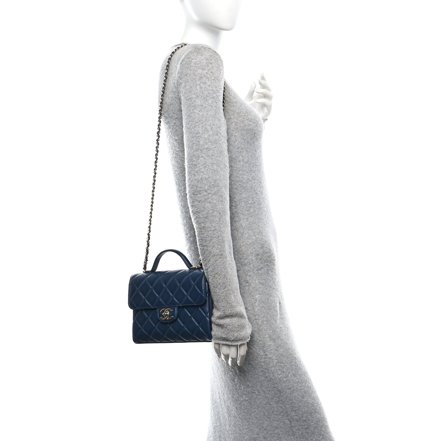 Lambskin Quilted Small Top Handle Square Flap Navy Blue
