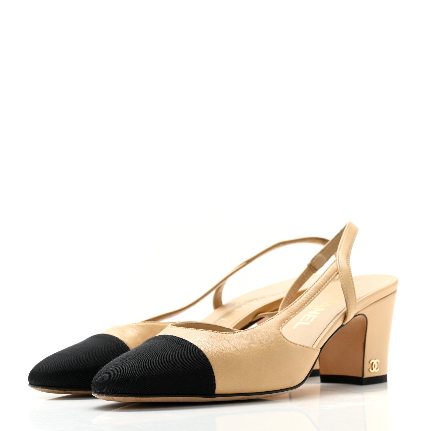 Chanel Goatskin Grosgrain Cap Toe CC Slingback Pumps 38 Beige Black 3 of 9