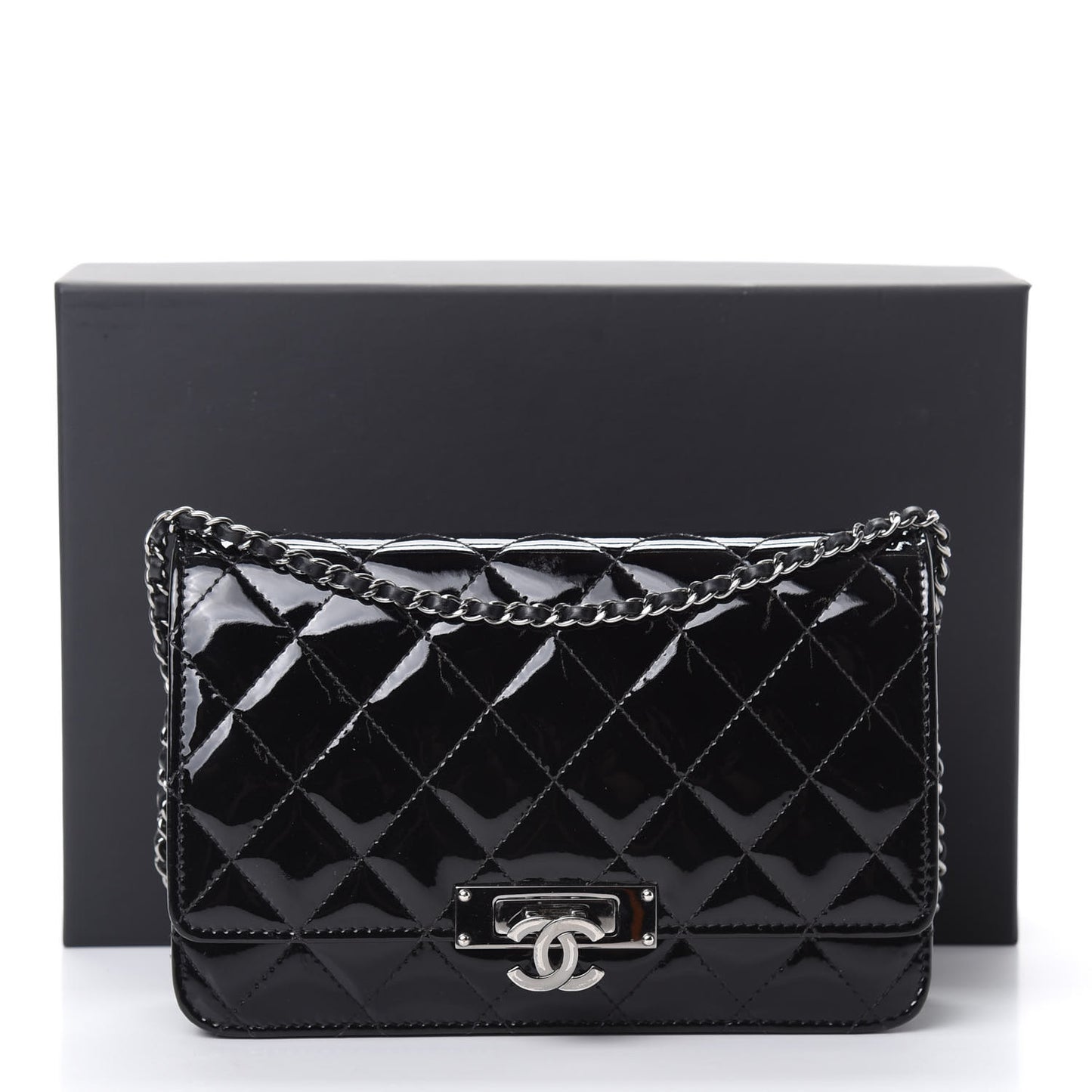 Patent Quilted Golden Class Wallet on Chain WOC Black