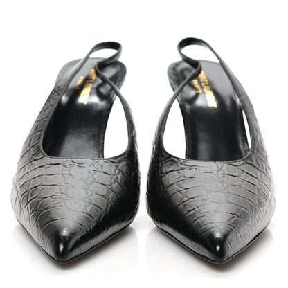 Saint Laurent Calfskin Crocodile Embossed Viper 90 Slingback Pumps 40 Black 2 of 8