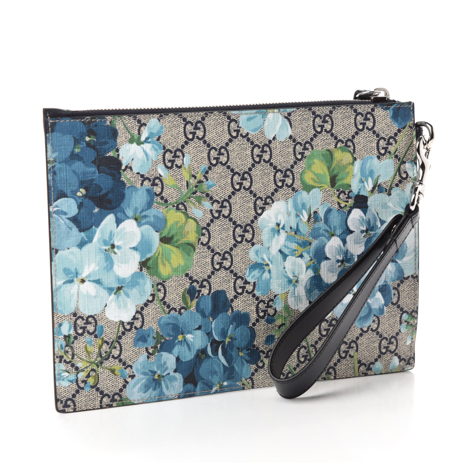 Gucci GG Supreme Monogram Blooms Small Zip Wristlet Pouch Beige Blue Black 3 of 8