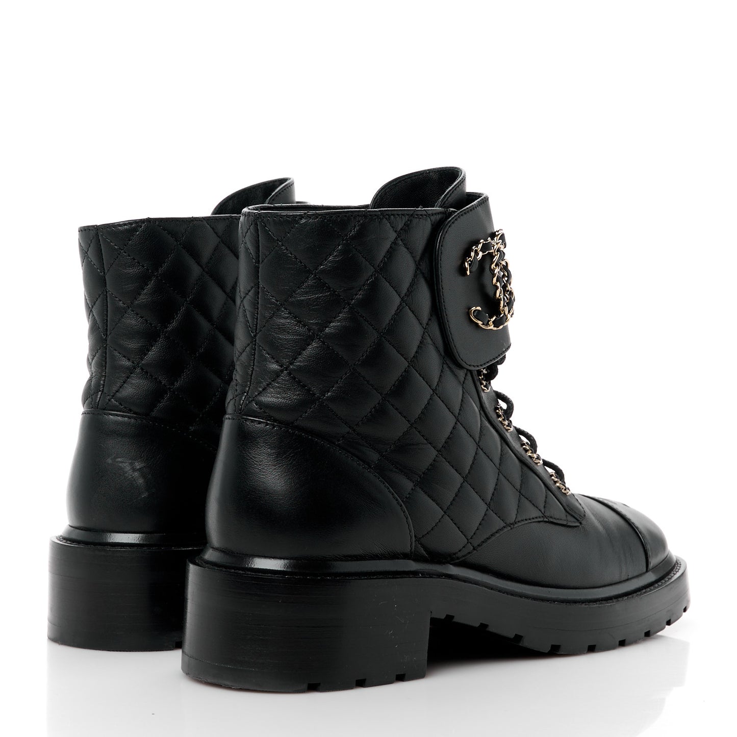 Shiny Calfskin Quilted Lace Up Combat Boots 41 Black