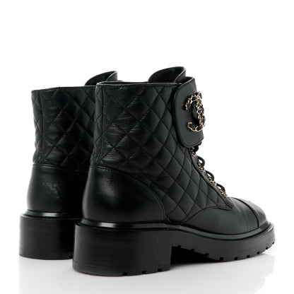 Chanel Shiny Calfskin Quilted Lace Up Combat Boots 41 Black 4 of 8
