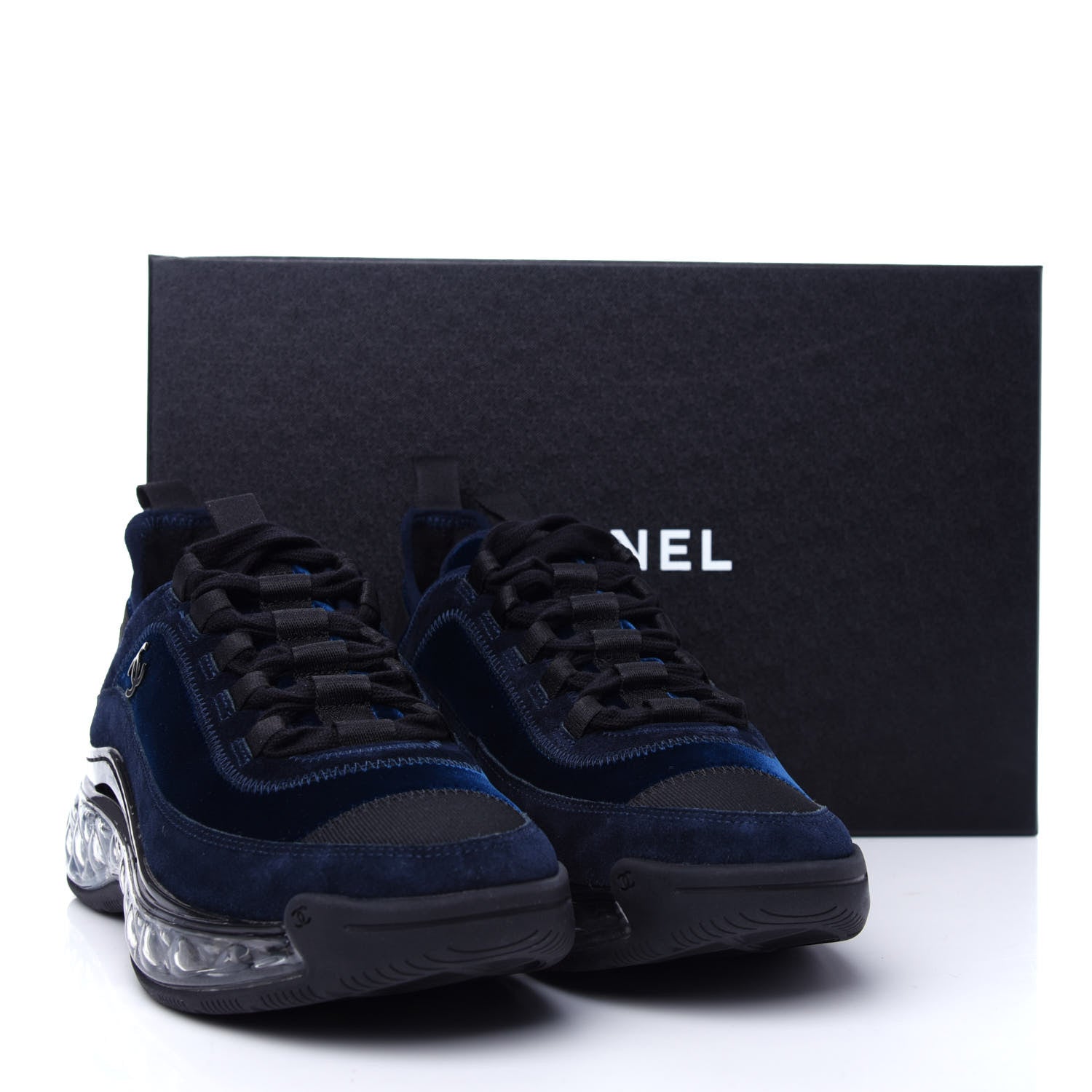 Chanel Suede Calfskin Velvet Grosgrain CC Sneakers 36.5 Navy Blue Black 11 of 11