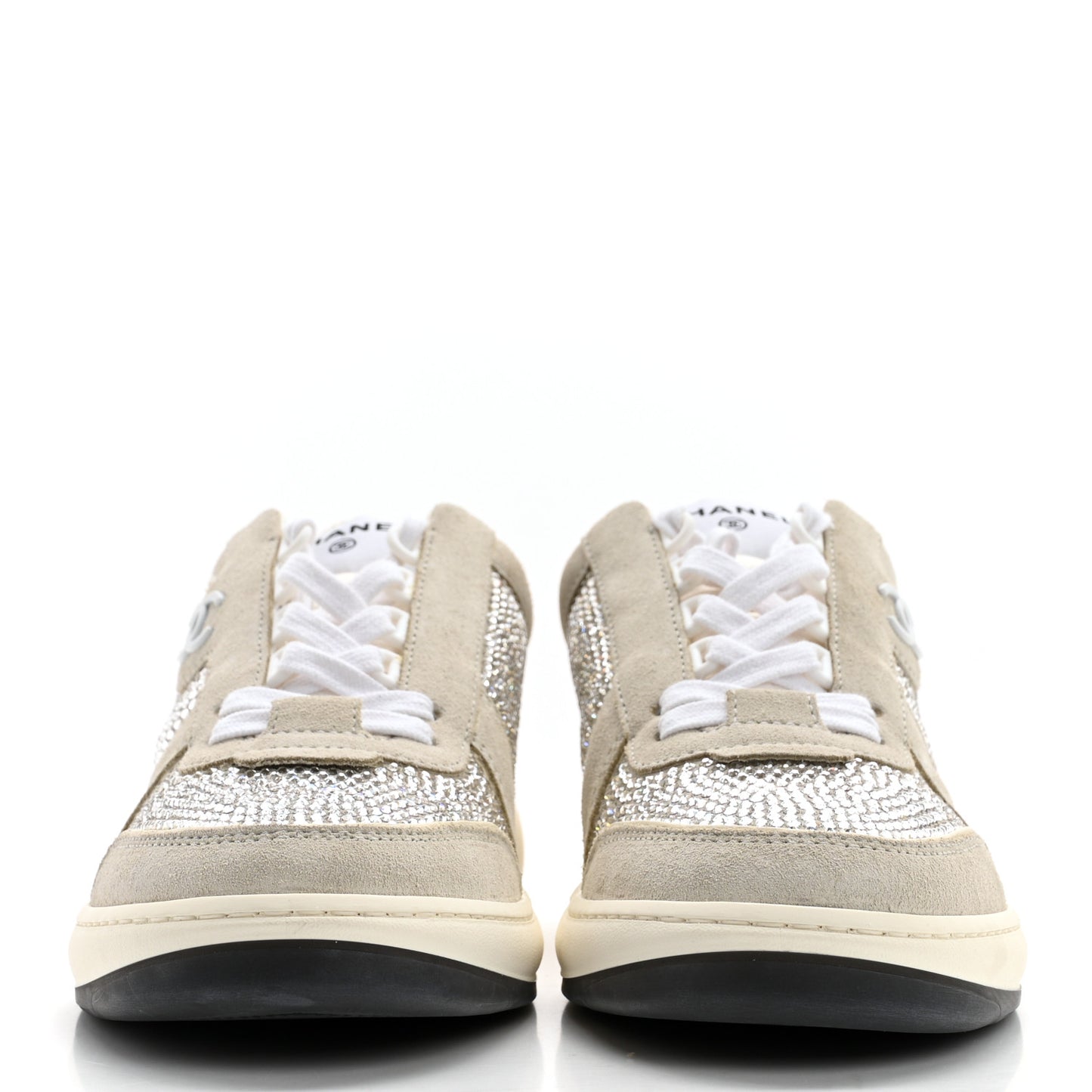 Calfskin Suede Crystal Womens CC Sneakers 38.5 White