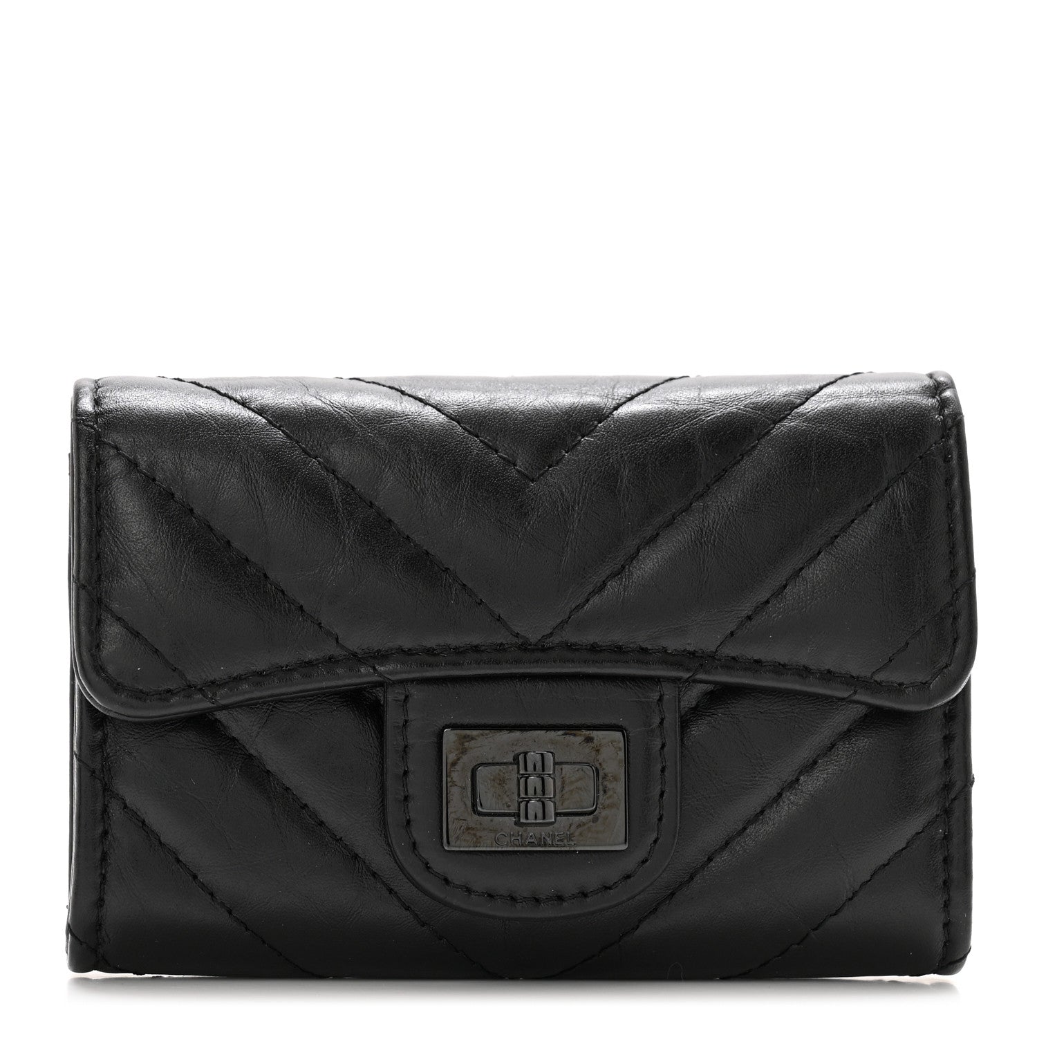 Chanel Aged Calfskin Chevron Quilted Reissue Card Holder Wallet So Black 1 of 10