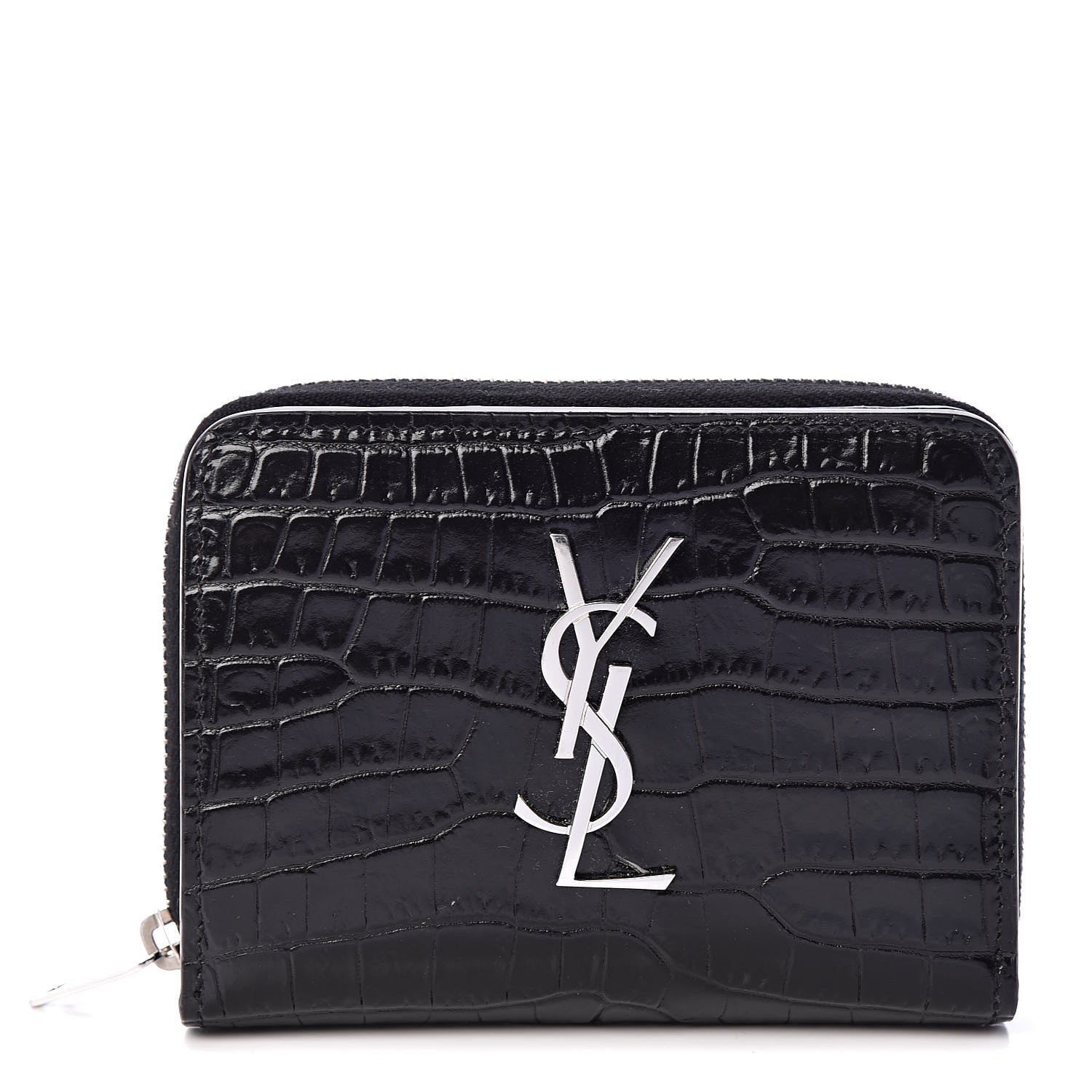 Saint Laurent Calfskin Crocodile Embossed Monogram Compact Wallet Black 1 of 7
