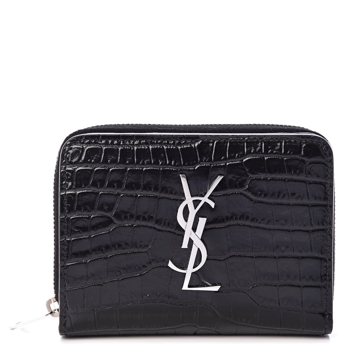 Calfskin Crocodile Embossed Monogram Compact Wallet Black