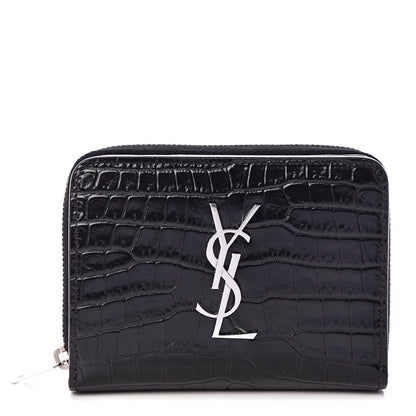 Saint Laurent Calfskin Crocodile Embossed Monogram Compact Wallet Black 1 of 7