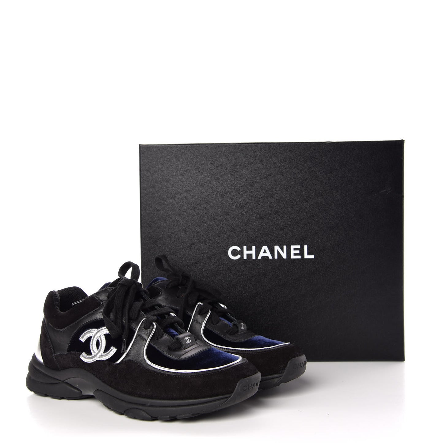 Suede Velvet Lambskin CC Sneakers 37 Black Blue Silver