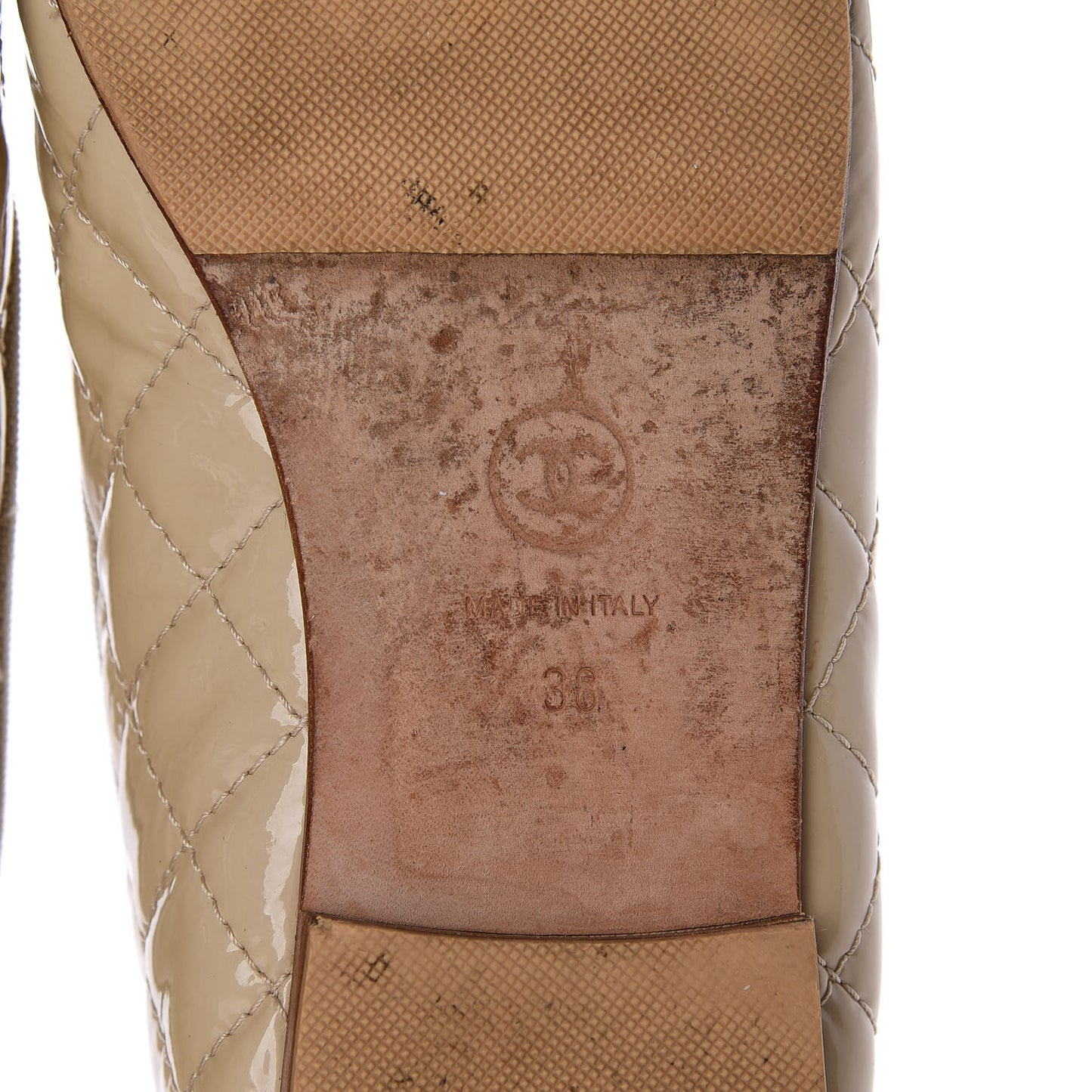 Patent Calfskin Quilted Cap Toe CC Ballerina Flats 38 Beige