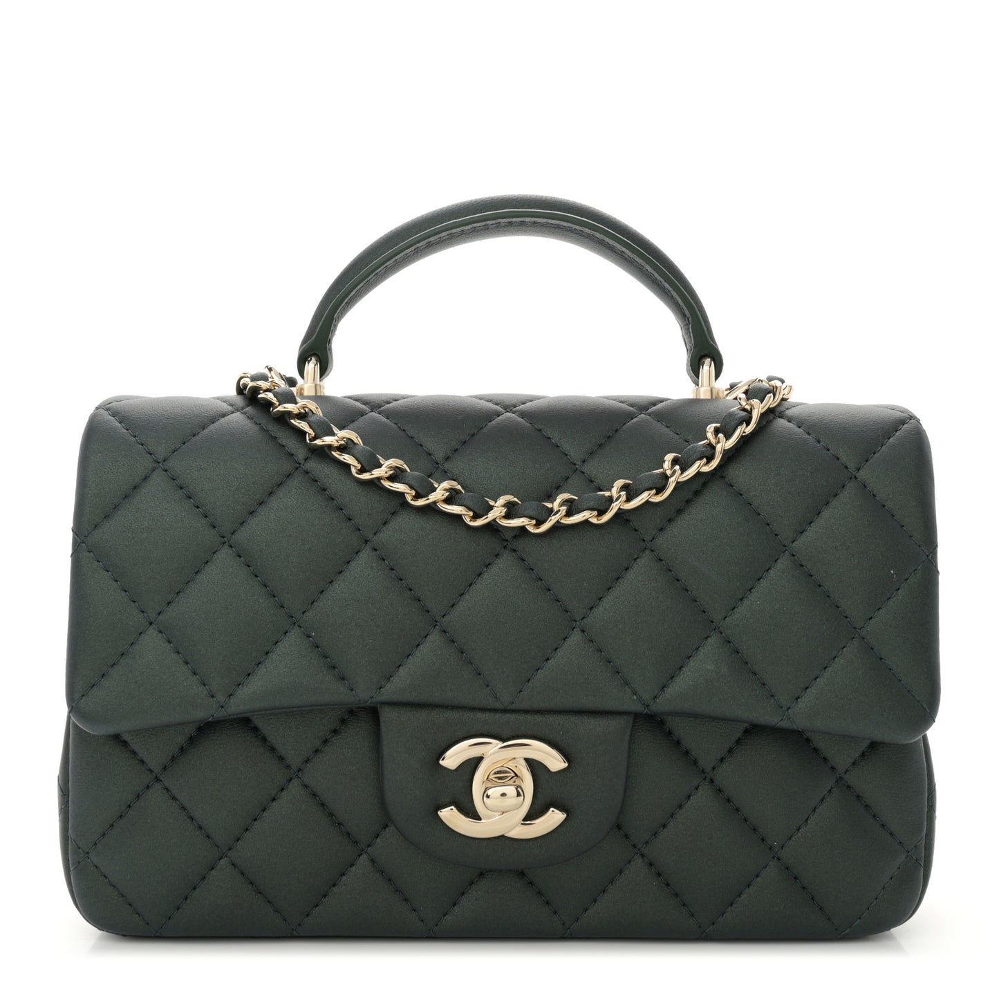 Iridescent Lambskin Quilted Mini Top Handle Rectangular Flap Dark Green