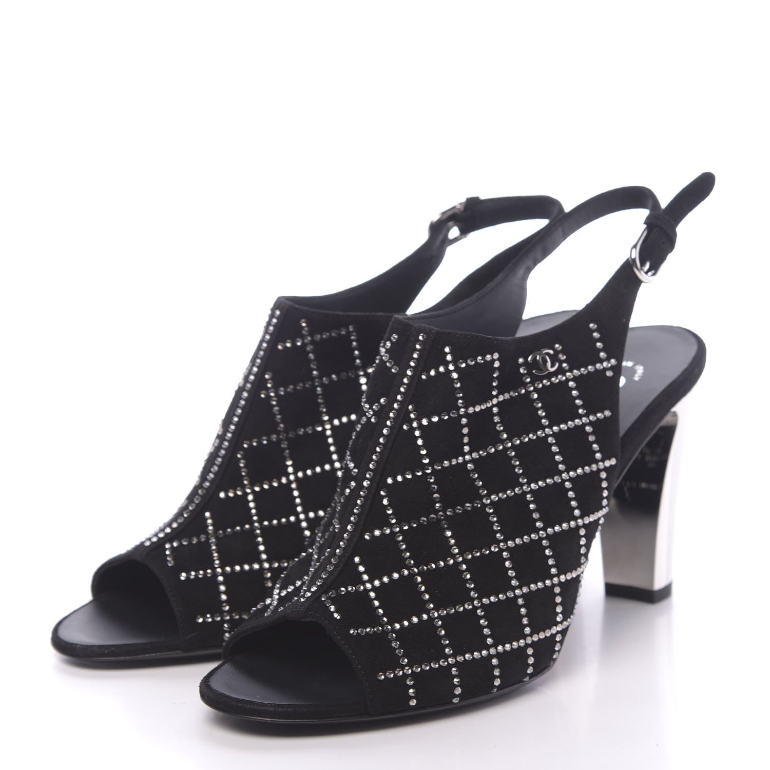 Chanel Kid Suede Strass Slingback Pumps 39 Black Silver 3 of 9