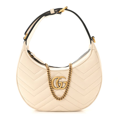 Gucci Calfskin Matelasse Chevron Mini GG Marmont Half Moon Hobo Mystic White 1 of 14