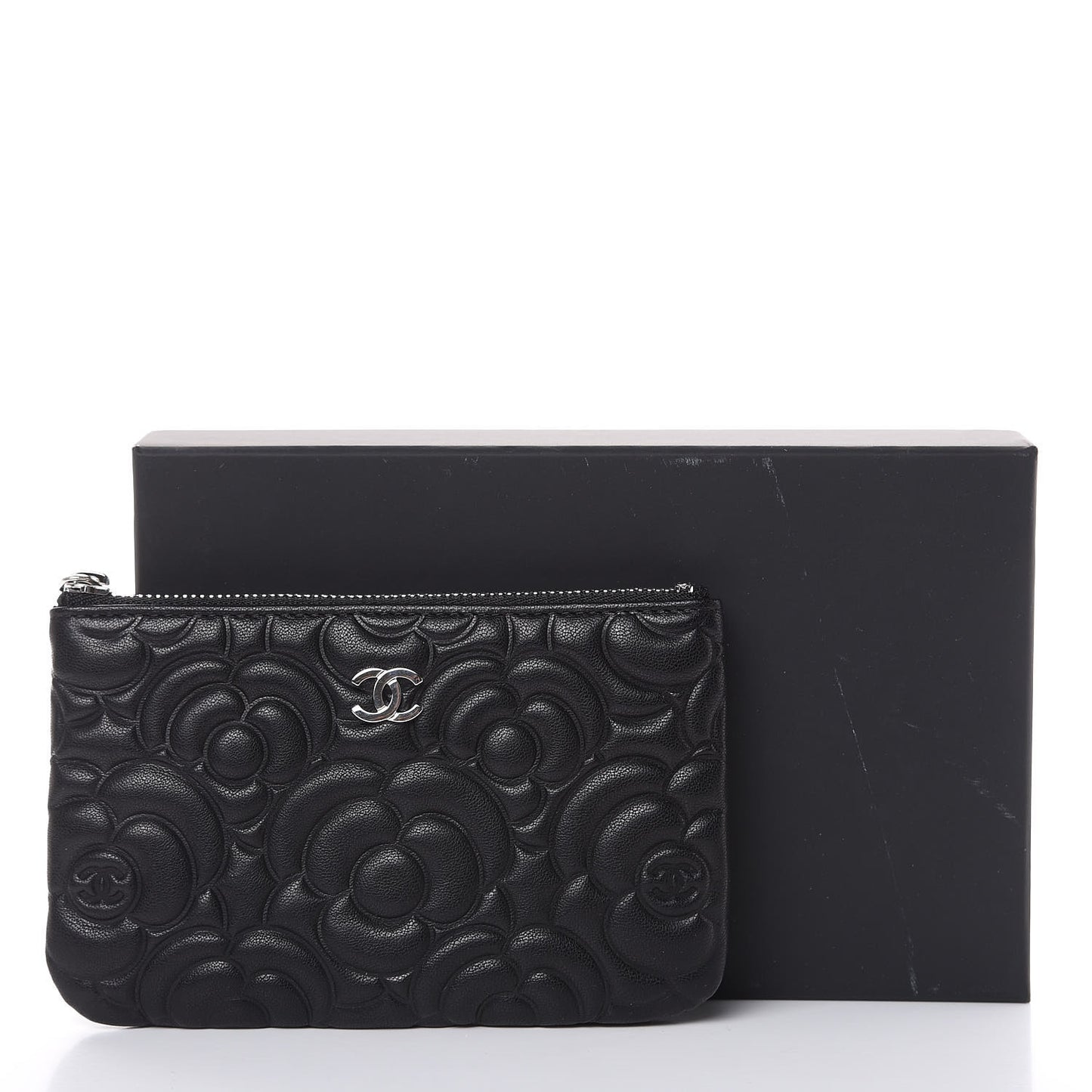 Goatskin Camellia Embossed Cosmetic Pouch Black