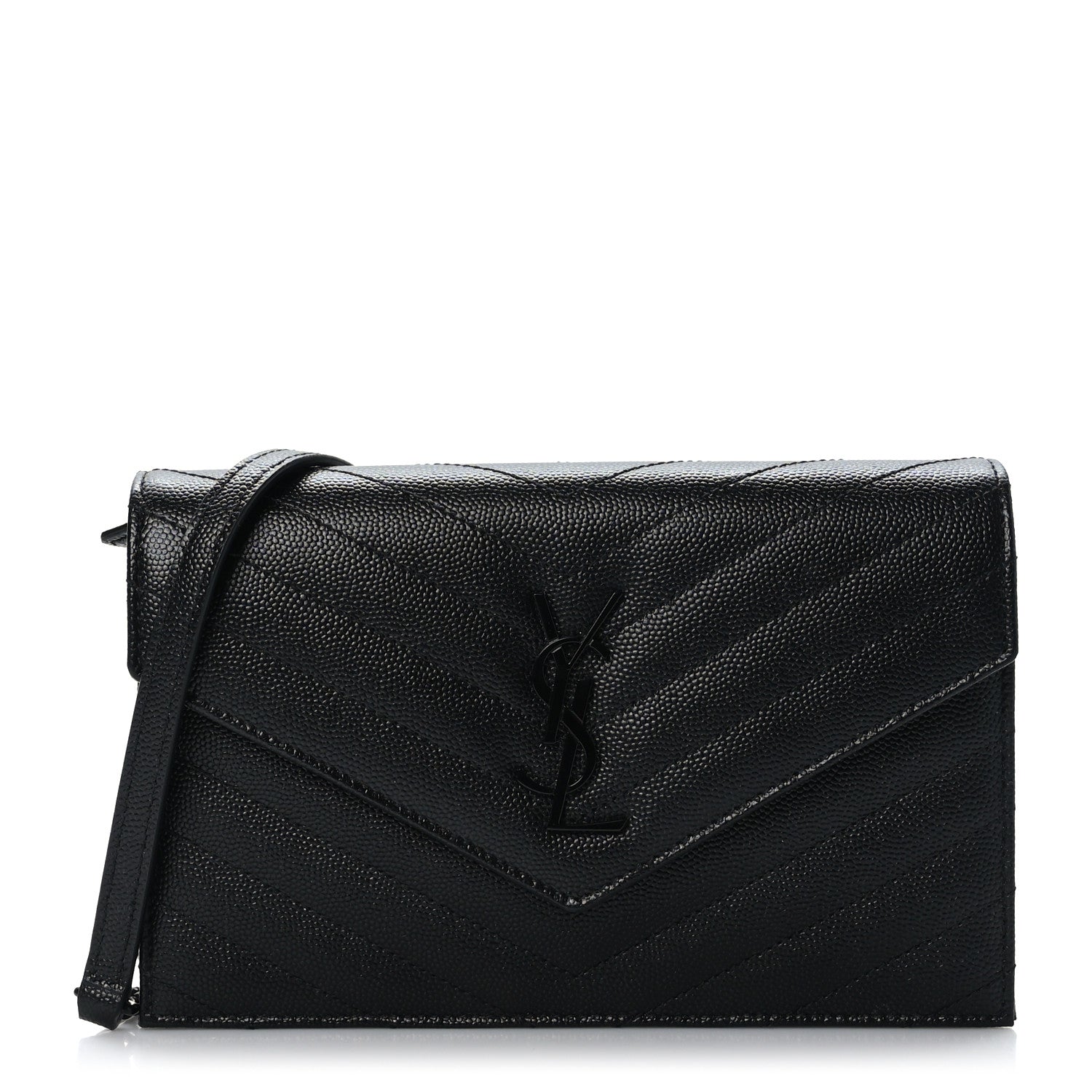 Saint Laurent Grain De Poudre Matelasse Chevron Monogram Monochrome Envelope Chain Wallet Black 1 of 11