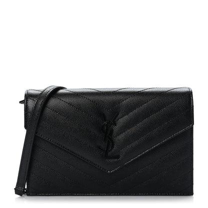 Saint Laurent Grain De Poudre Matelasse Chevron Monogram Monochrome Envelope Chain Wallet Black 1 of 11