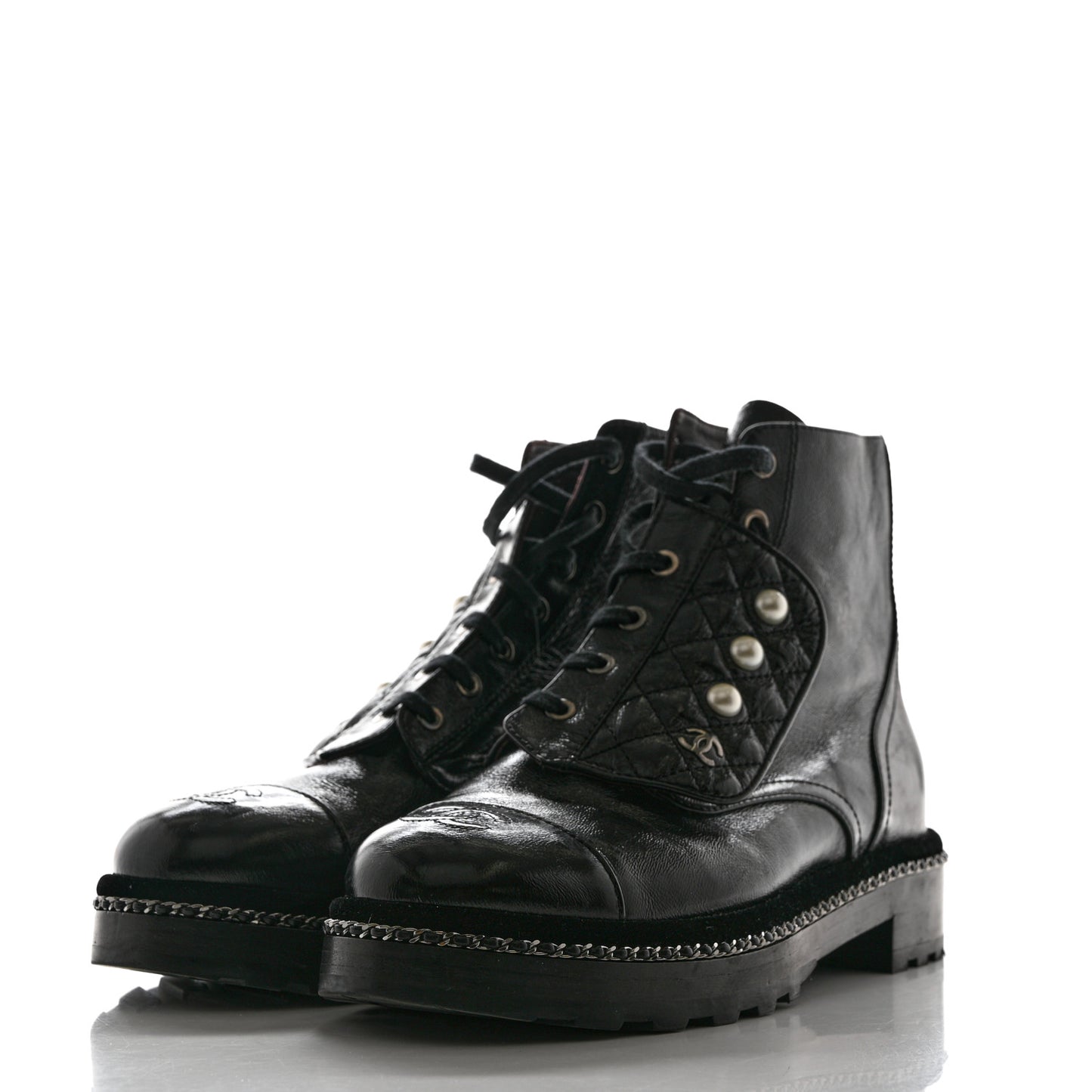 Crackled Calfskin Velvet Pearl Combat Short Boots 41 Black