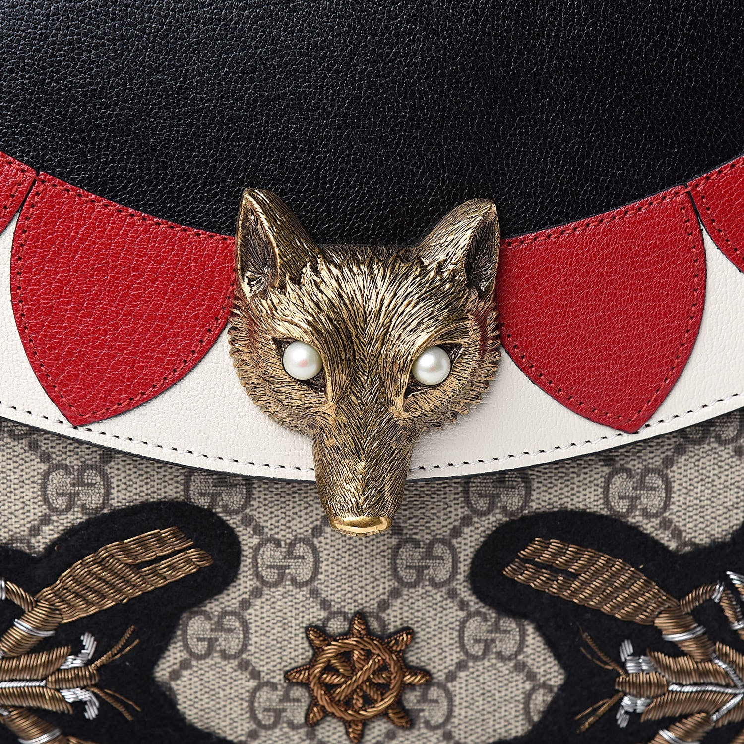 Gucci GG Supreme Monogram Goatskin Pearl Embroidered Medium Fox Broche Top Handle Bag Beige Ebony Black Hibiscus Red Mystic White 10 of 11